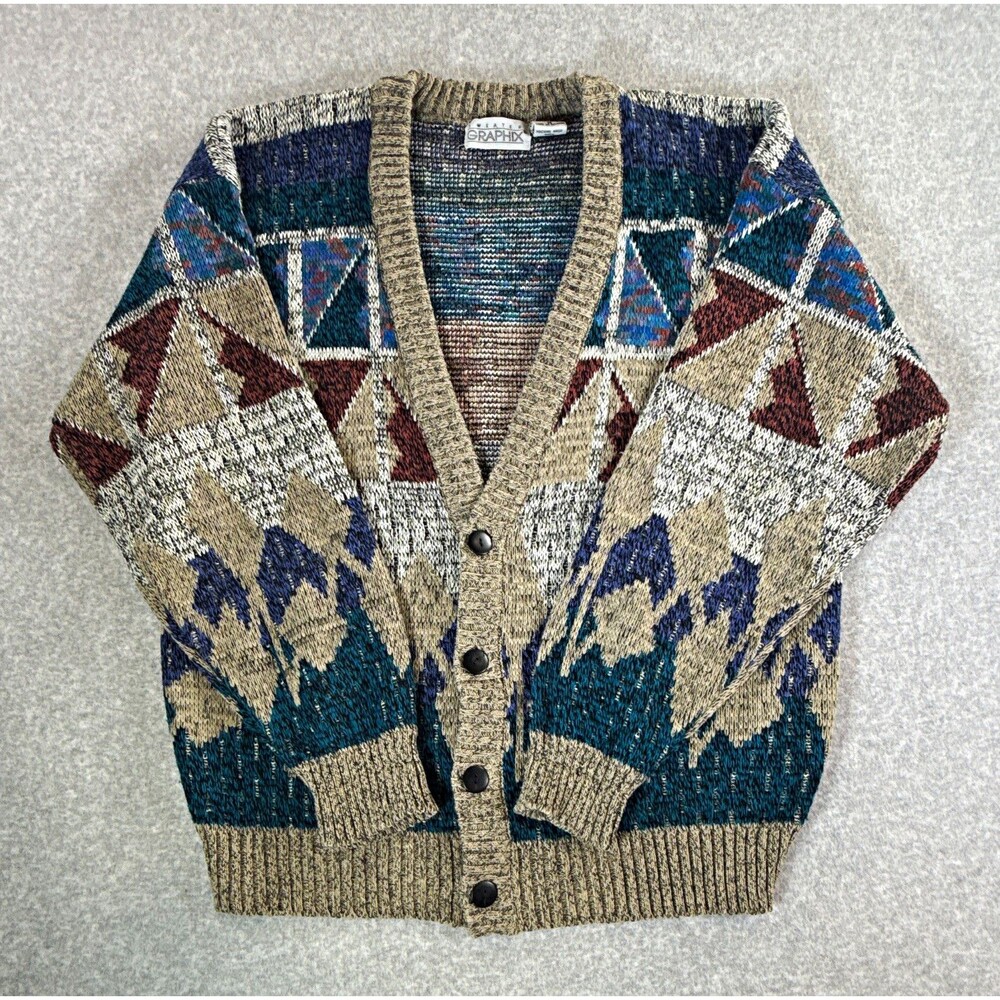 Vintage Sweater Graphix Mens M Geometric Knit Cardigan 90s Grandpa Cosby Style